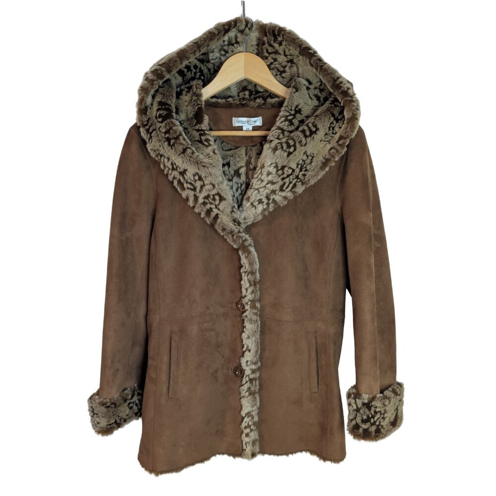 *SALE* Coldwater Creek Faux Suede Shearling Coat Hooded Penny Lane Boho Size PM